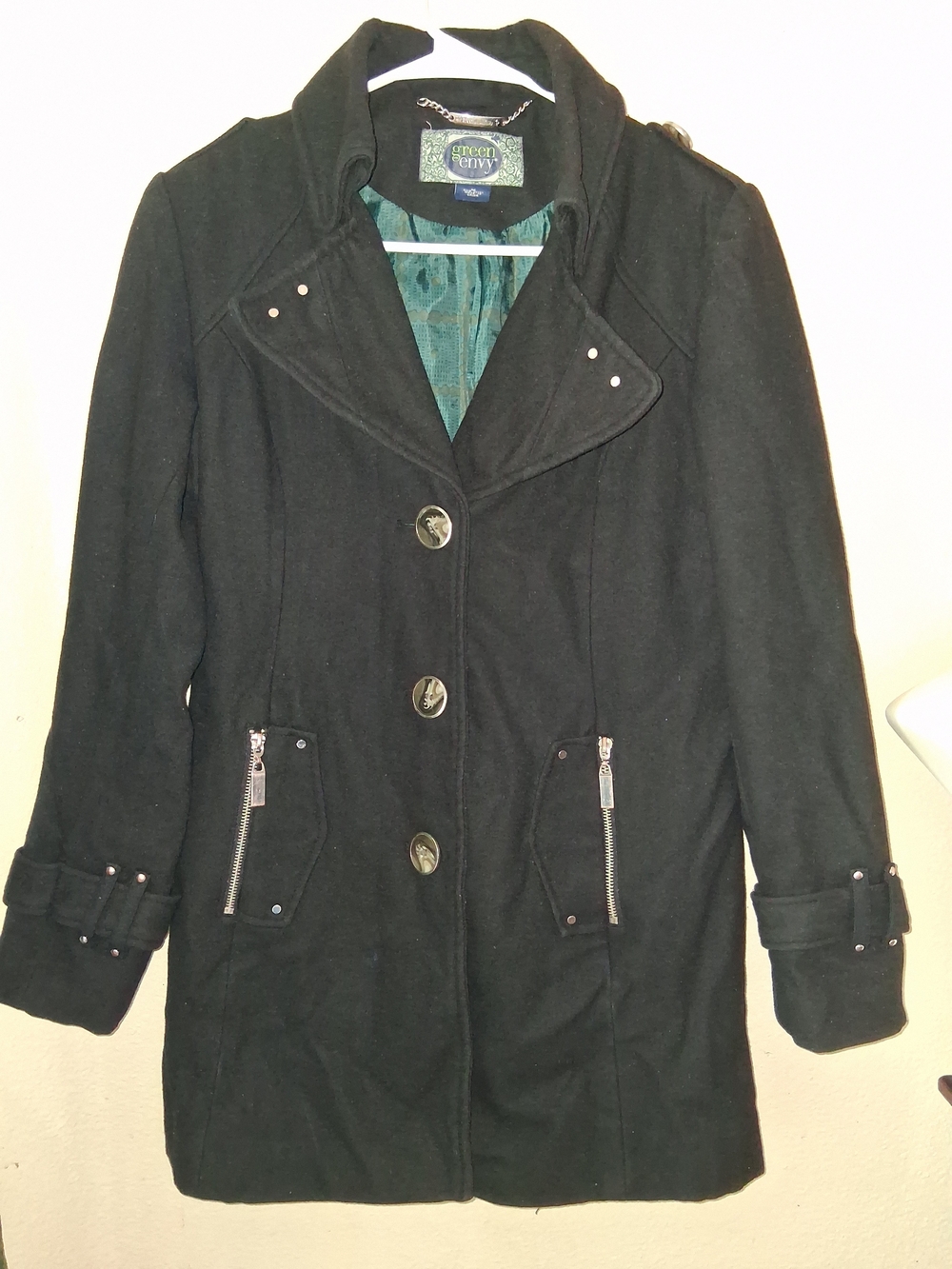 Green Envy Women's Black Wool-Blend Pea Coat Medium Adjustable Buckle